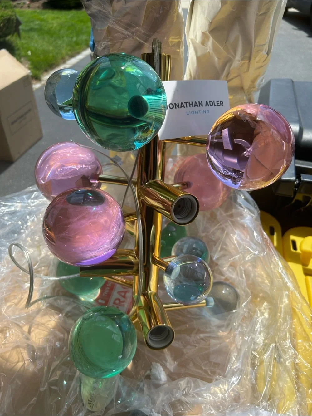 Jonathan Adler Multicolor Glass Bubble Pendant Chandelier with Gold Finish